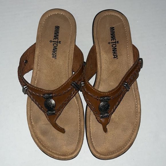 Minnetonka Silverthorne Brown Leather Flip Flop Sandals Size 5